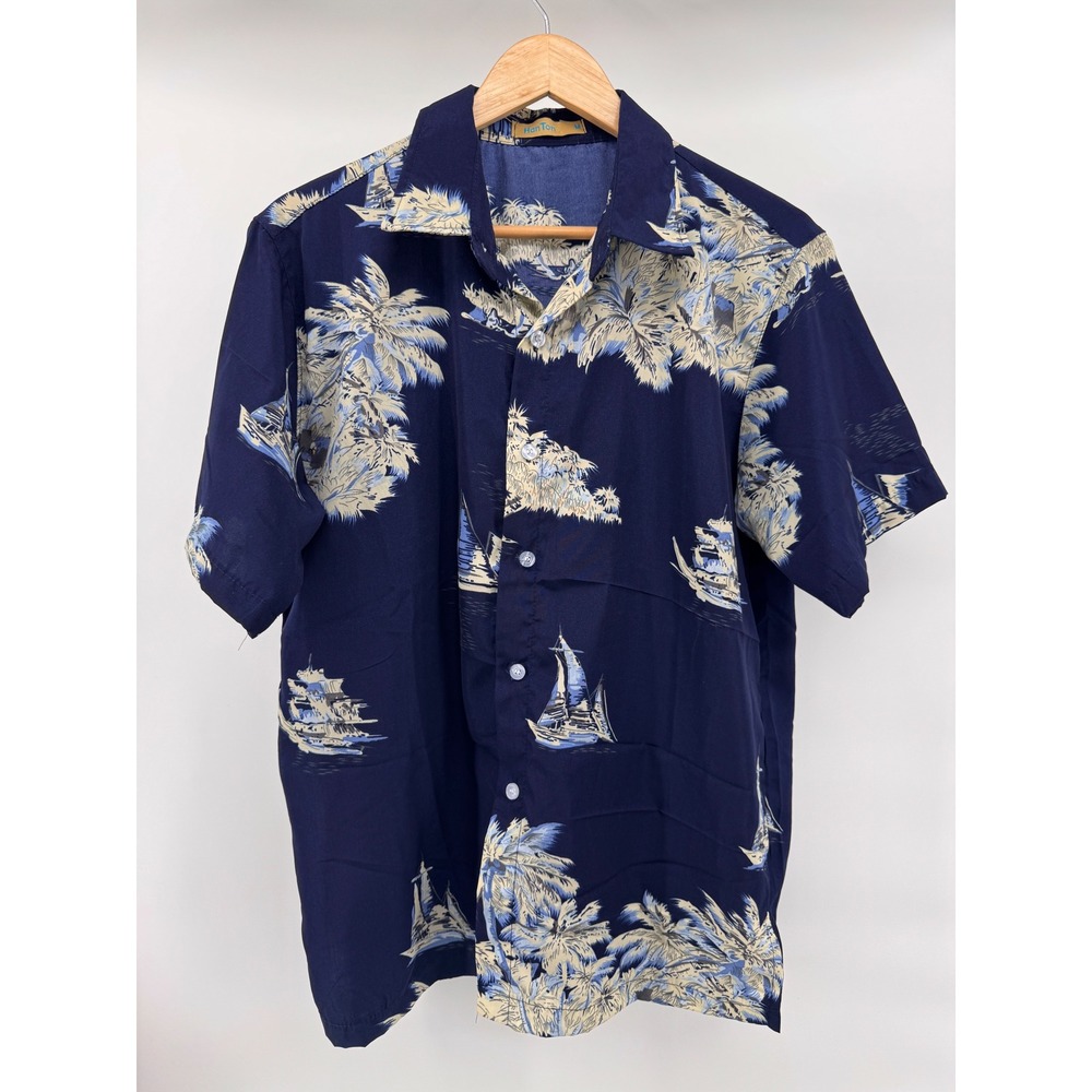 Han Ton Hawaiian  Button Down Shirt‎ M Navy Blue Tropical Coastal Beachy
